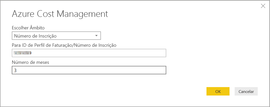 A captura de tela mostra as propriedades do Microsoft Cost Management com um escopo de Número de inscrição.