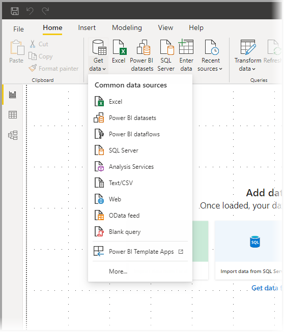 Captura de ecrã que mostra o item Obter dados e o menu Tipos de dados comuns no Power BI Desktop.