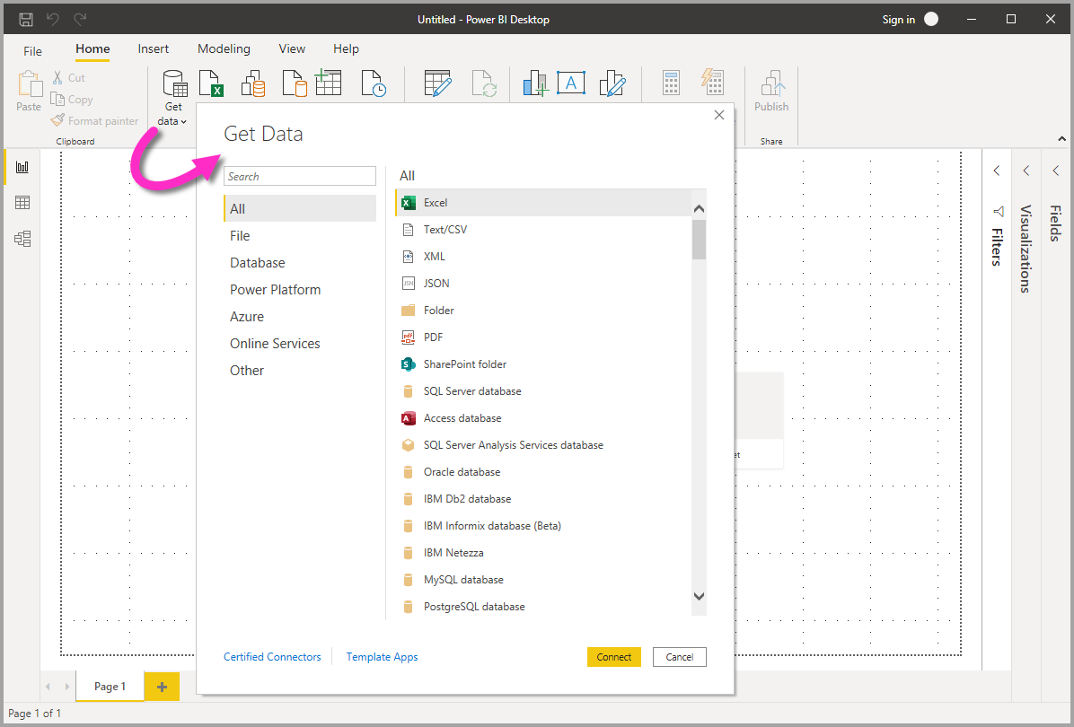 Captura de ecrã que mostra o ícone Obter Dados e a caixa de diálogo Obter Dados no Power BI Desktop.