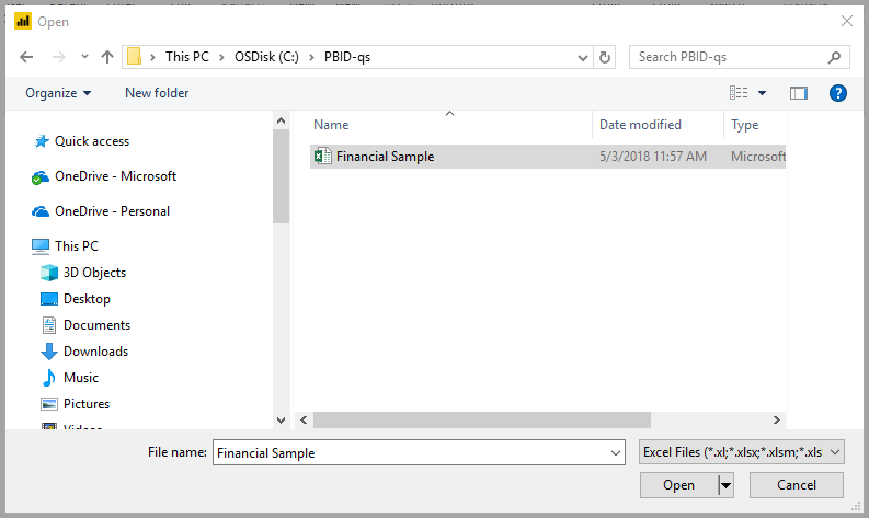 Screenshot shows a file selection dialog with Financial Sample selected.