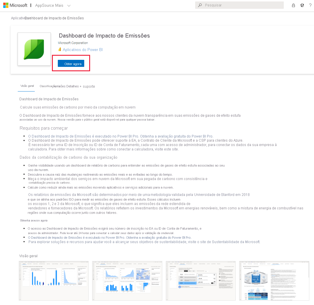 Captura de ecrã do Painel de Impacto das Emissões para o Azure no AppSource.