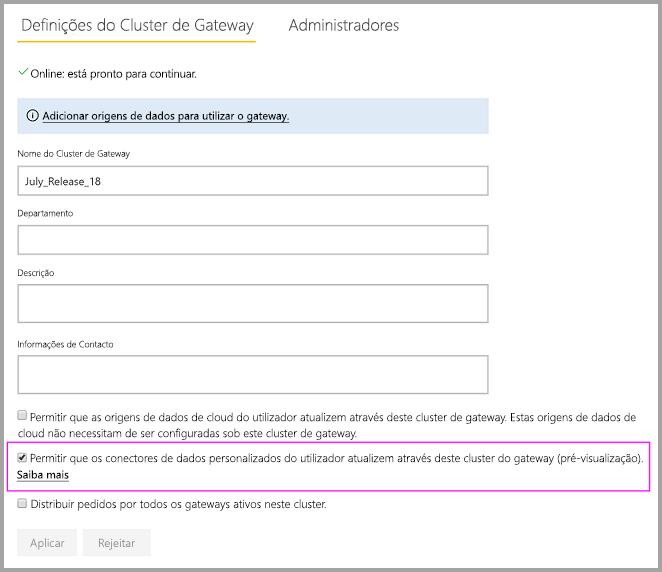 Screenshot that shows enabling custom connectors on the on-premises gateway Settings page.