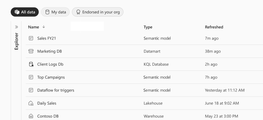 Captura de ecrã que mostra a lista de dados existentes.