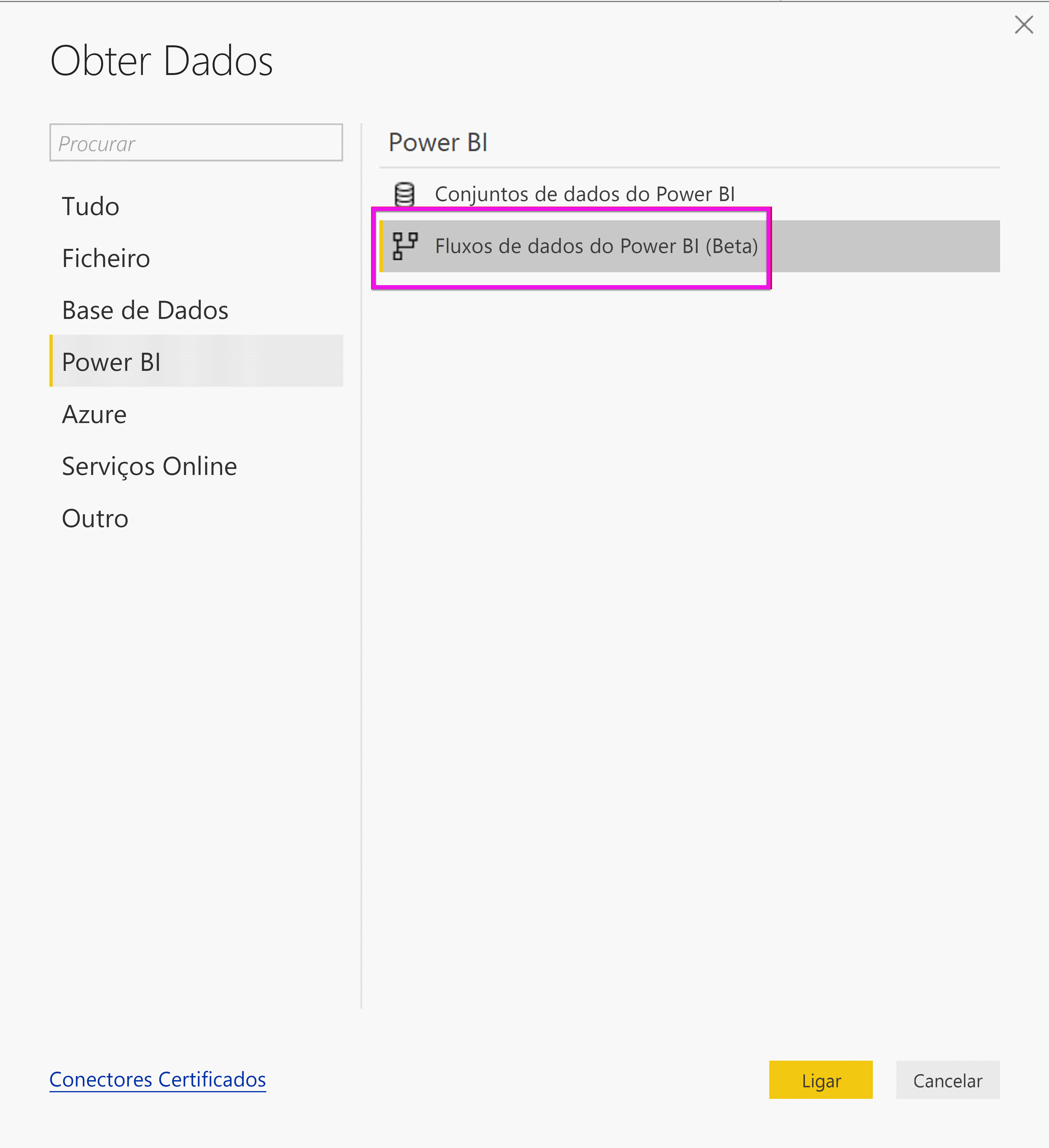 Screenshot shows the Get Data pane with Power BI dataflows selected.