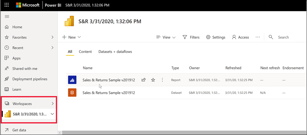 Screenshot of the Sales and Marketing workspace showing one report and one semantic model.