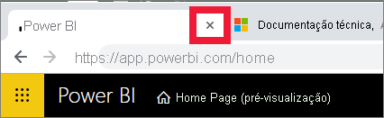 Uma captura de ecrã a mostrar o x no separador do browser para fechar o Power BI.