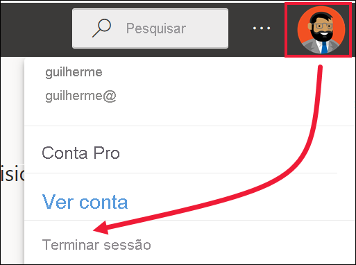 Uma captura de tela mostrando o menu de perfil e sair é delineada.