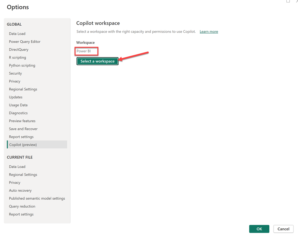 Captura de ecrã da janela de opções do ambiente de trabalho do Power BI, Copilot definições.