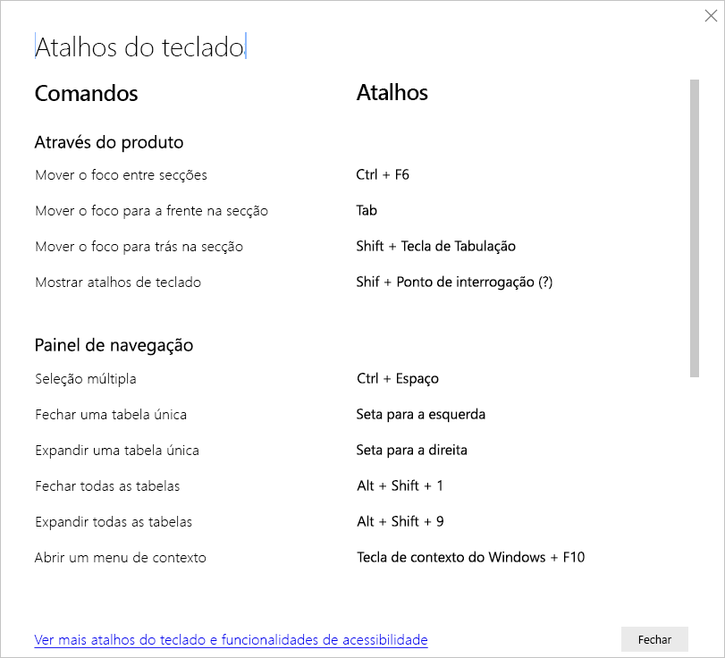 Screenshot of the keyboard shortcuts in Power BI Desktop.