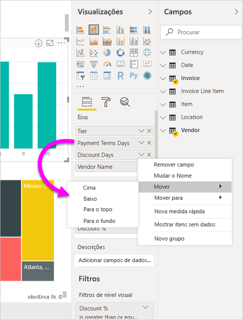 Screenshot of the Vizualizations and Fields panes, highlighting the options to move fields.