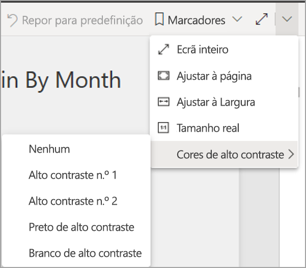 Screenshot of the Power BI service in edit mode, highlighting View and High-contrast colors.