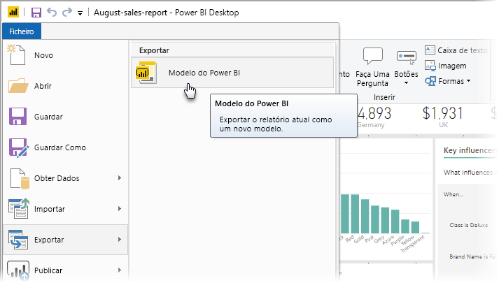 Screenshot of Power BI Desktop, showing Export options.