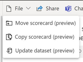 Captura de tela das opções de mover e copiar scorecard no menu Arquivo.