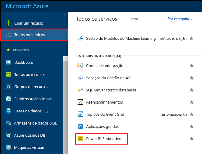 Screenshot of Azure services in Azure portal.