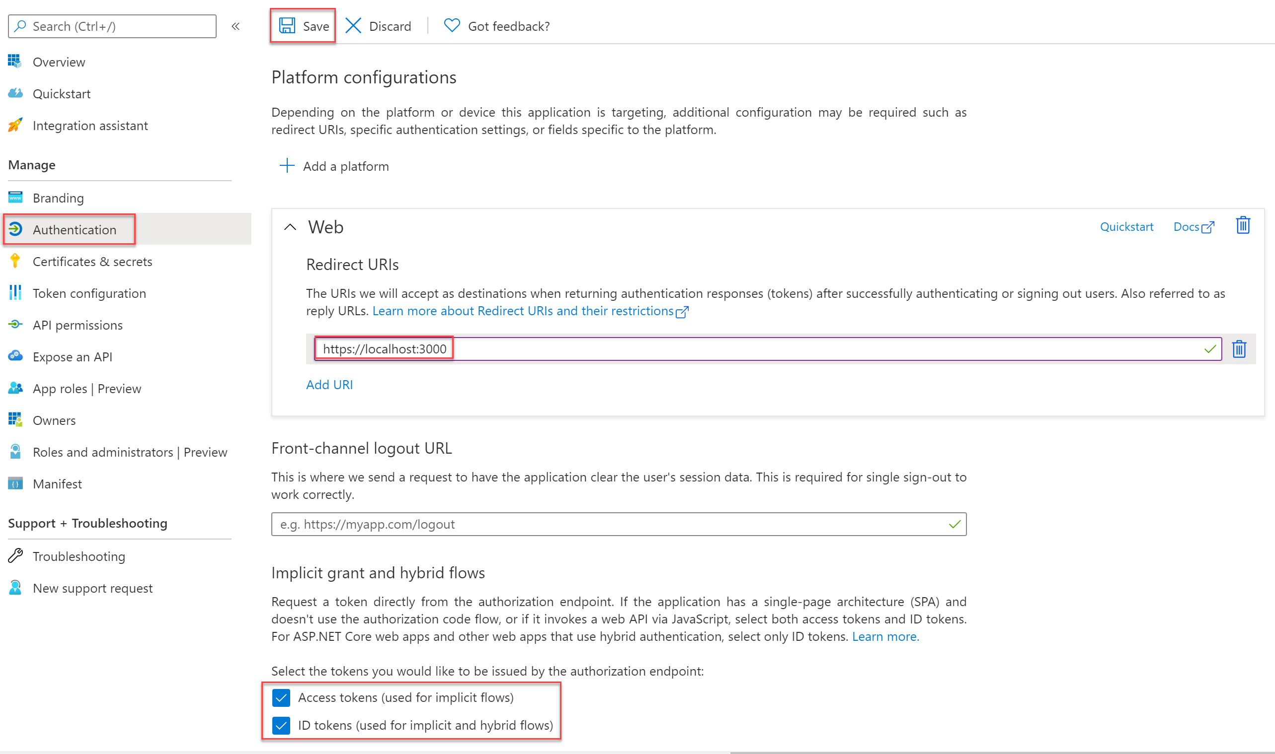 Captura de tela da janela do portal do Azure, que mostra as configurações de autenticação do aplicativo Microsoft Entra e o URI de redirecionamento da Web definido para localhost 3000.