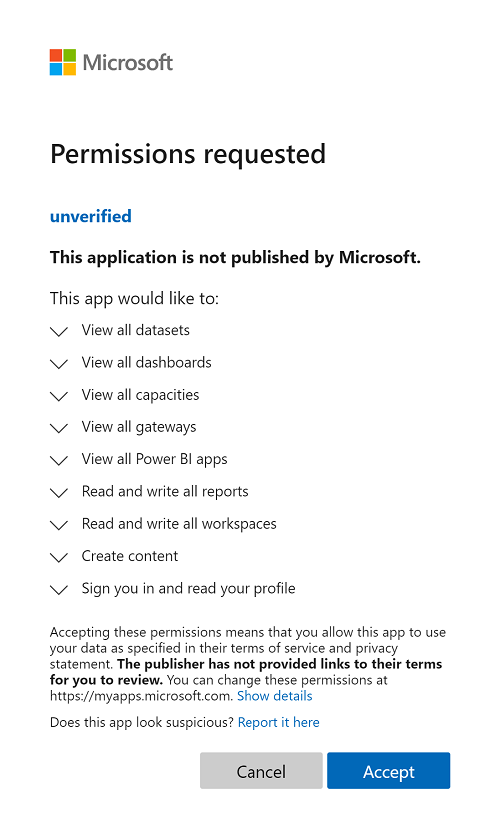 Captura de ecrã da janela pop-up Microsoft permissions request, que pede aos clientes que concedam permissões para aceder ao Power BI.