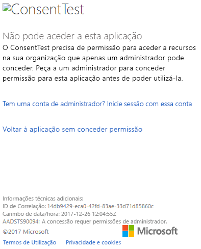 Captura de ecrã da caixa de diálogo de início de sessão da janela do portal do Azure, que mostra o erro de permissão Teste de Consentimento.