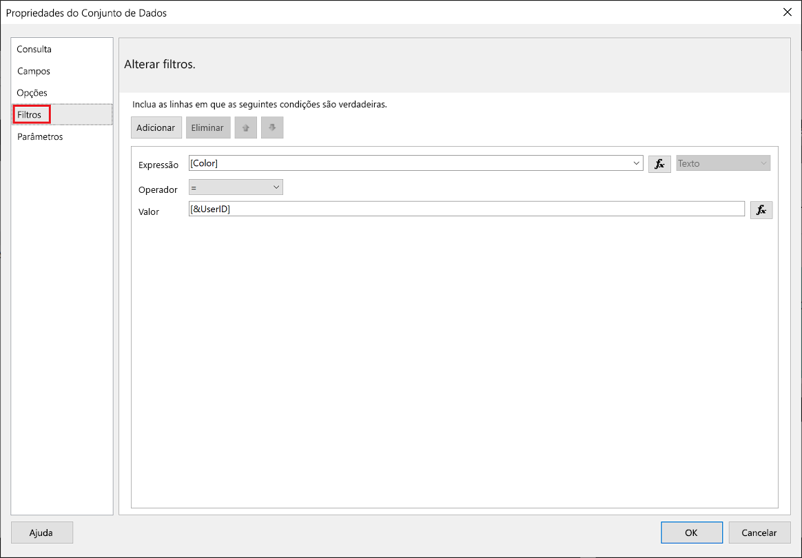 Captura de ecrã do filtro do Construtor de Relatórios do Power BI.