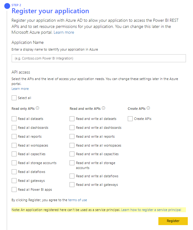 Captura de ecrã da ferramenta de configuração de análise incorporada do Power BI. A etapa para registrar um aplicativo é visível, com uma caixa de nome do aplicativo e opções de acesso à API.