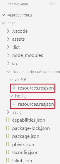 A VS code screenshot of a visual project folder. Each sub-folder in the string resources folder has a resources dot resjson file.