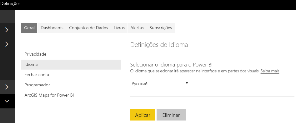 A screenshot showing the language settings in Power BI service.