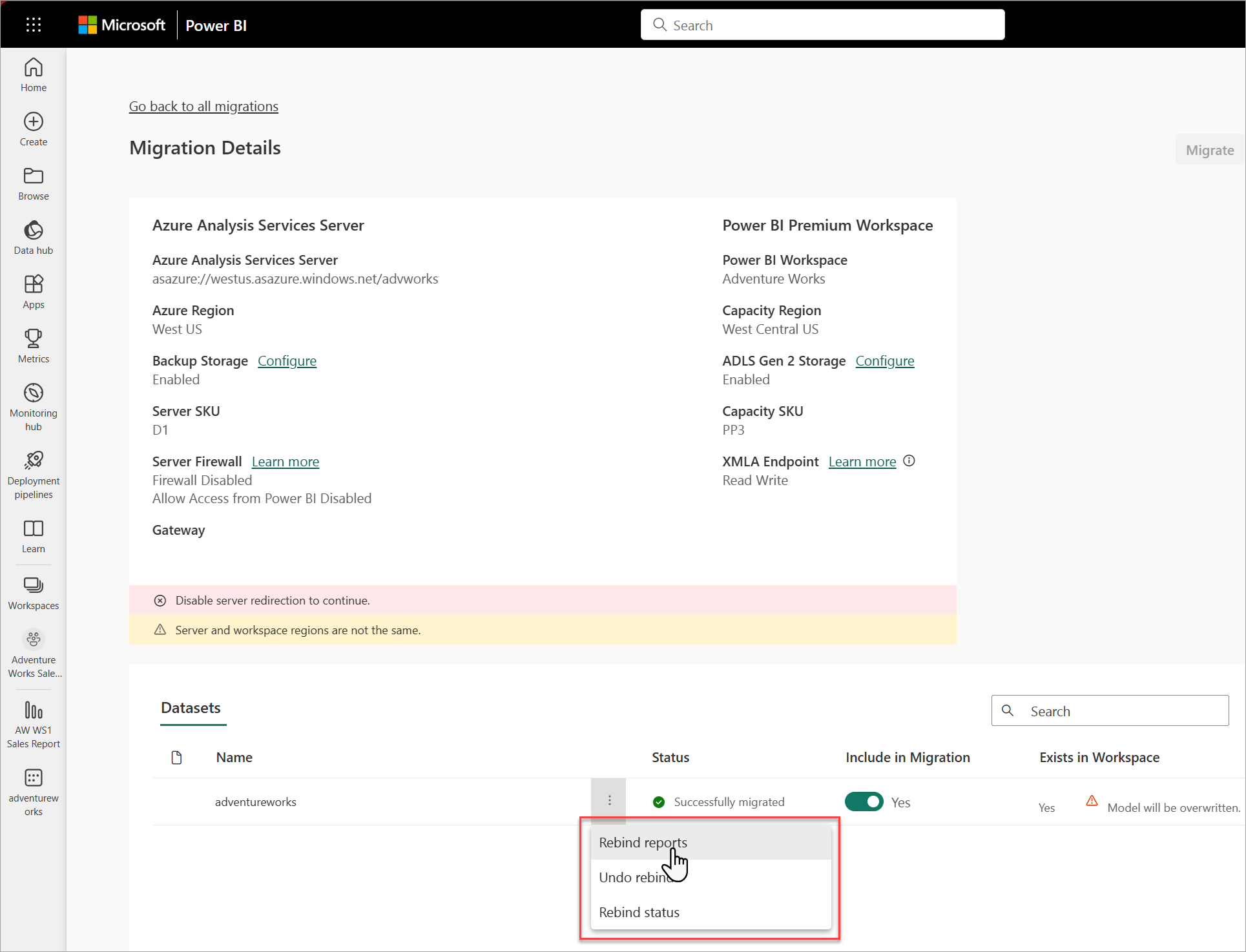 Migration server connection