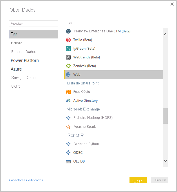 Screenshot of Power B I Desktop showing the Get Data tool.