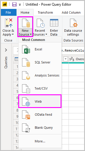 Screenshot of Power B I Desktop showing the Power Query Editor selecting Web from New Source.