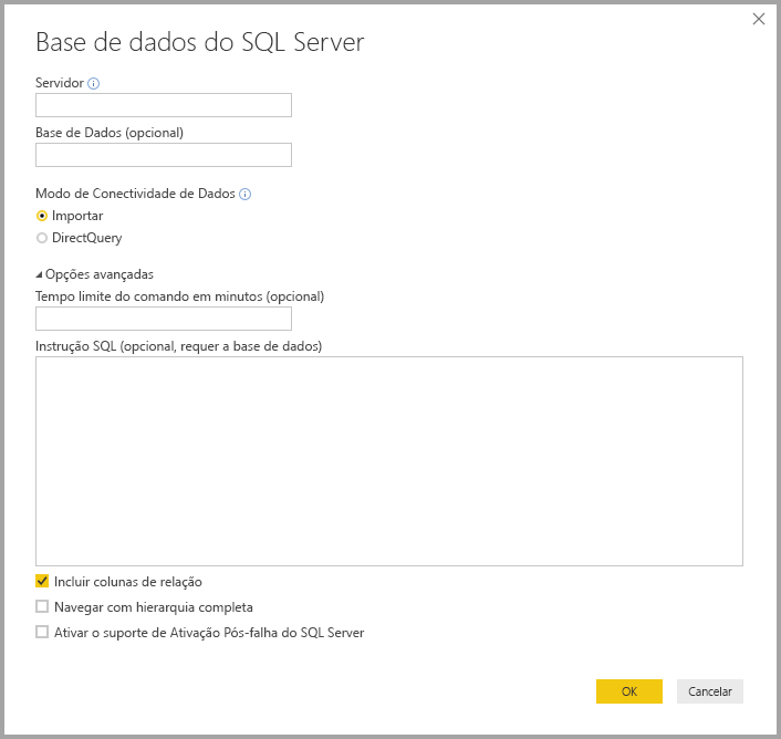 Screenshot of Power BI Desktop showing SQL Server database dialog box.