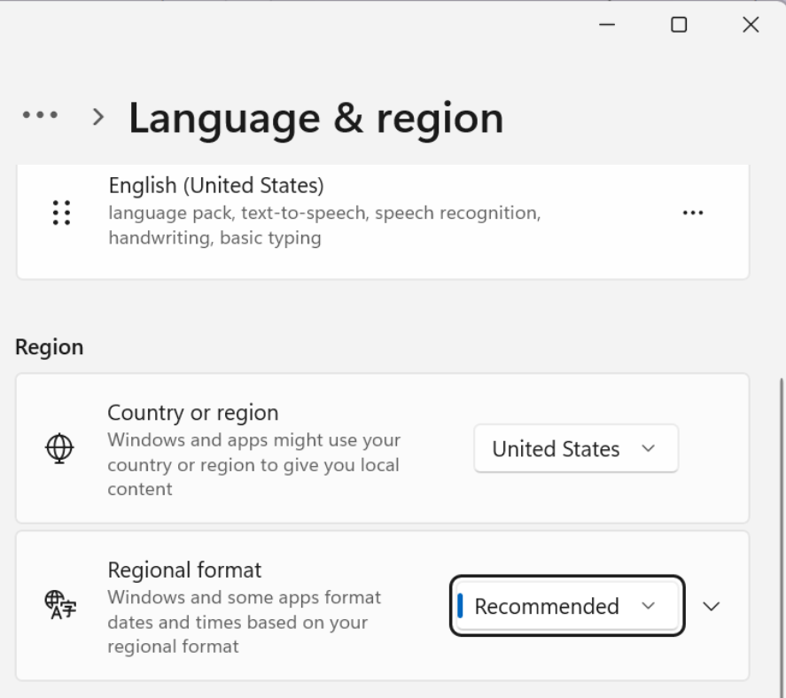 Captura de ecrã a mostrar definições adicionais de data, hora e região.