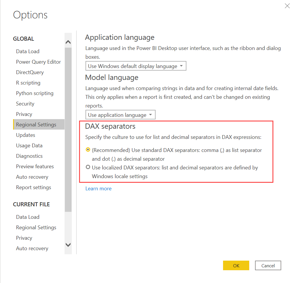 Captura de ecrã do Power BI Desktop a mostrar como escolher os separadores DAX.