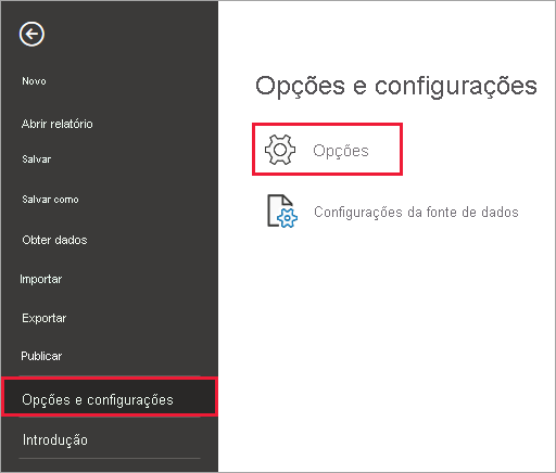 Captura de ecrã do Power BI Desktop a mostrar o botão Opções.