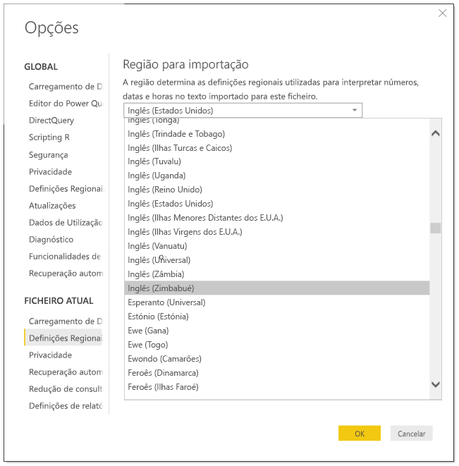 Captura de ecrã do Power BI Desktop a mostrar a caixa de diálogo Opções.