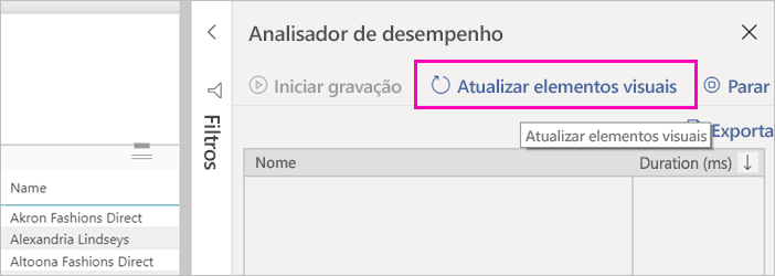 Captura de ecrã do botão Atualizar elementos visuais no Analisador de Desempenho.