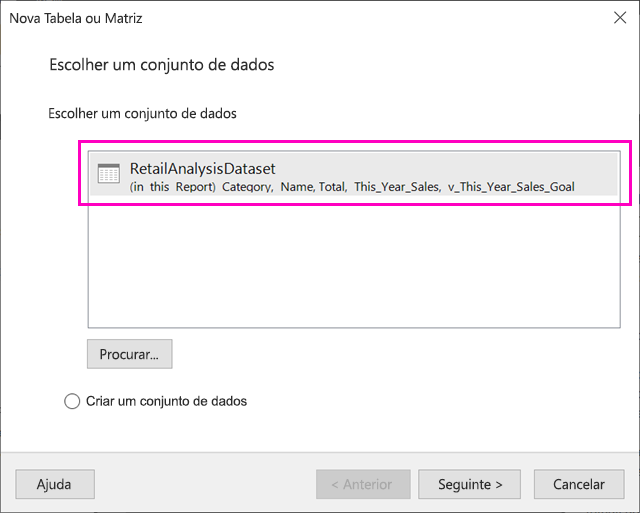 Captura de ecrã das opções de conjunto de dados no Assistente de Tabela.