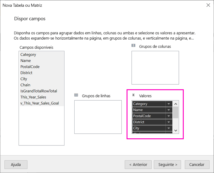 Captura de ecrã da caixa Valores no Assistente de Tabela.