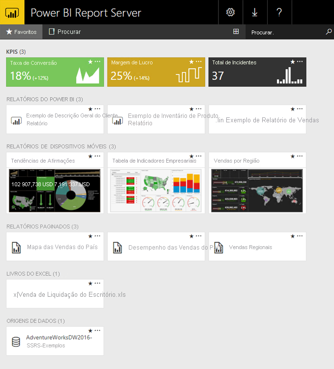 Screenshot shows the Power B I Report Server web portal.