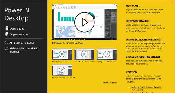 Power BI Desktop start screen