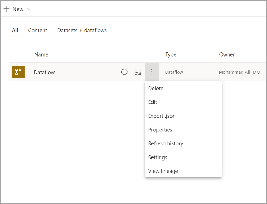 Captura de ecrã das definições pendentes de um fluxo de dados do Power BI.