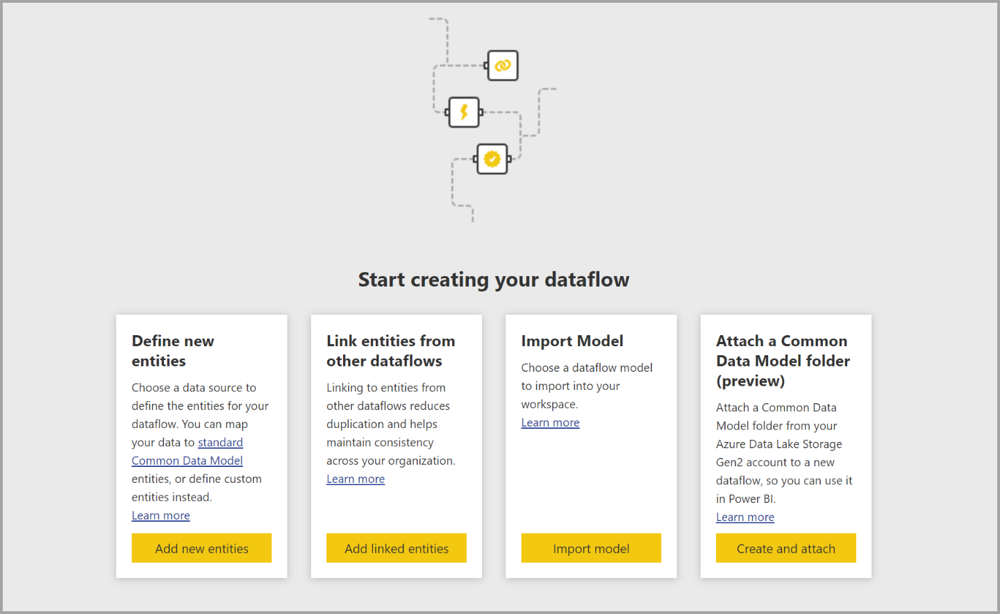 Screenshot of options for creating a dataflow.