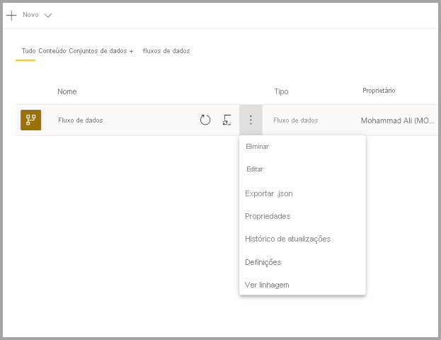 Screenshot of a selected dataflow with the more dropdown menu opened.