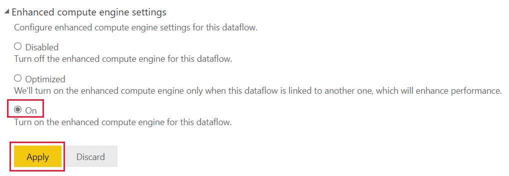 Captura de tela das configurações aprimoradas do mecanismo de computação com a seleção ativada ativada ativada e o botão Aplicar realçado.