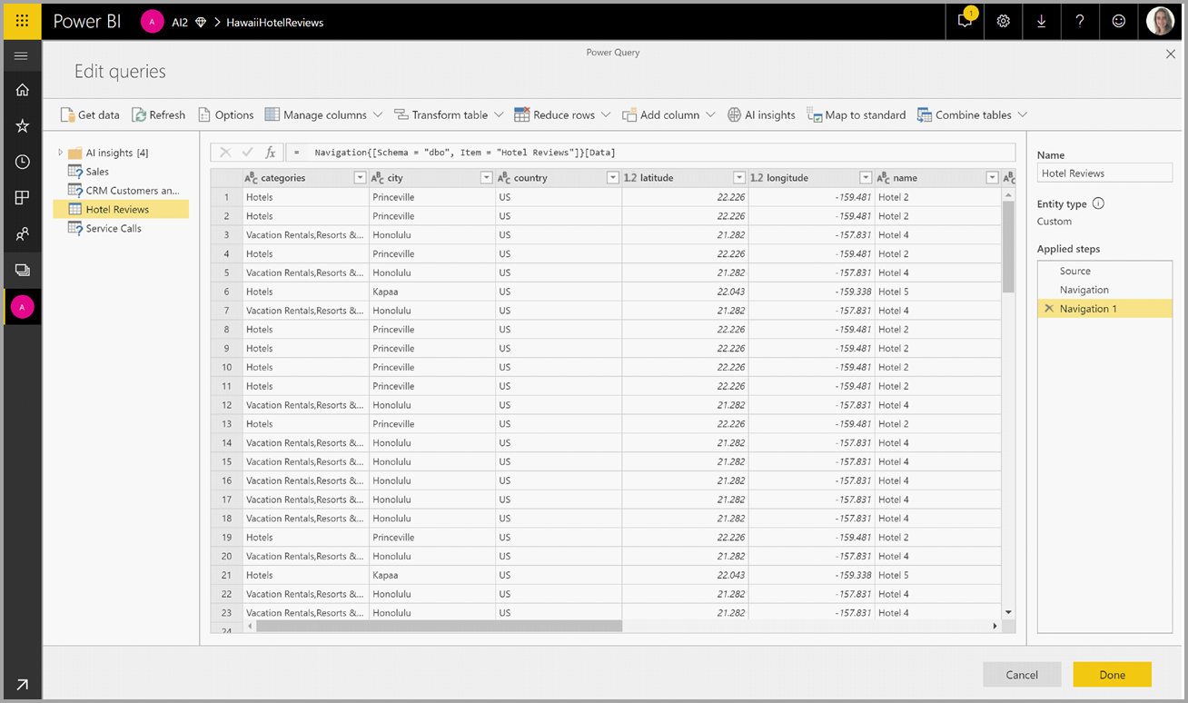 Captura de ecrã do Power Query com uma entidade aberta.