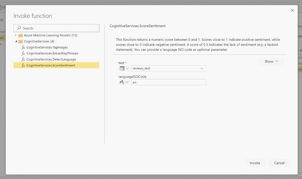 Captura de tela da caixa de diálogo da função Invoke mostrando CognitiveServices.ScoreSentiment selecionado e definido como LanguageIsoCode.