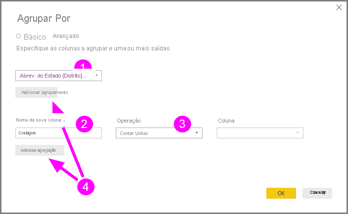 Screenshot shows the Group By dialog box with the Basic and Advanced options highlighted.