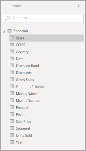 Screenshot of the original Model view Fields list in Power BI Desktop.