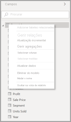 Screenshot of the original context menu for a table in Power BI Desktop.