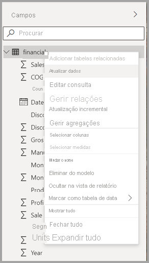 Screenshot of the new context menu for a table in Power BI Desktop.