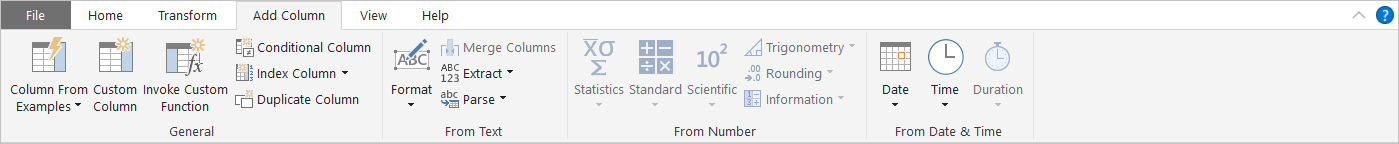 Screenshot of Power BI Desktop showing the Add Column tab.