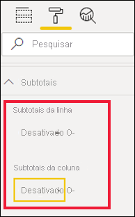 Screenshot of the Power BI Visualizations pane, which shows the Column and Row subtotals field wells.